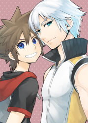 Rule 34 | 2boys, bad id, bad pixiv id, blue eyes, brown hair, green eyes, jewelry, kingdom hearts, kingdom hearts 3d dream drop distance, looking at viewer, male focus, multiple boys, necklace, ng (samwise), ng sam, parted lips, popped collar, riku (kingdom hearts), sora (kingdom hearts), white hair