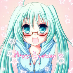 Rule 34 | 1girl, arms behind back, bad id, bad pixiv id, blush, breasts, cleavage, glasses, green hair, happy birthday, long hair, medium breasts, meiya neon, musical note, open mouth, original, quaver, solo, star (symbol)