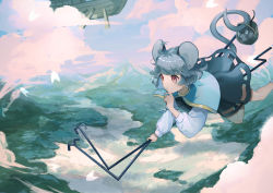 Rule 34 | 1girl, :o, animal, animal ears, basket, blue capelet, boat, capelet, cloud, cloudy sky, commentary, commission, dowsing rod, feet out of frame, finger to own chin, floating, forest, grey hair, grey skirt, grey vest, hand up, highres, holding, holding basket, holding with tail, jewelry, long sleeves, mountain, mountainous horizon, mouse, mouse ears, mouse girl, mouse tail, nature, nazrin, oito (bowstringsmall), open mouth, outdoors, palanquin ship, pendant, prehensile tail, red eyes, river, scenery, short hair, skeb commission, skirt, sky, solo, tail, touhou, vest, watercraft, wavy hair, white sleeves