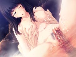 Rule 34 | aftersex, breasts, cum, cum on body, cum on breasts, cum on lower body, cum on upper body, ejaculation, grabbing, grabbing another&#039;s breast, innocent grey, kuchiki touko, large breasts, mixed-sex bathing, penis, pubic hair, shared bathing, sugina miki, uncensored, water