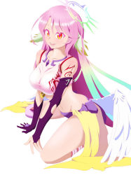 Rule 34 | 1girl, angel wings, breasts, crop top, feathered wings, feathers, halo, jibril (no game no life), long hair, looking at viewer, multicolored hair, no game no life, open mouth, sitting, tattoo, wings, yellow eyes, yunyunmaru