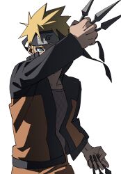 Rule 34 | 1boy, absurdres, black jacket, blonde hair, blue eyes, cowboy shot, facial mark, forehead protector, highres, holding, holding weapon, jacket, kunai, male focus, multicolored clothes, multicolored jacket, naruto (series), naruto shippuuden, ninja, open clothes, open jacket, orange jacket, orange pants, pants, pnpk 1013, shaded face, shadow, short hair, solo, two-tone jacket, uzumaki naruto, weapon, whisker markings