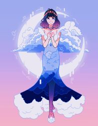 Rule 34 | 1girl, bare shoulders, black hair, cloud, constellation, crescent, dress, freckles, full body, gradient hair, hands up, highres, medium hair, meyoco, multicolored hair, naitou suzu, off-shoulder dress, off shoulder, parted lips, print dress, purple hair, ryuu to sobakasu no hime, shadow, smile, solo, standing, tears