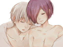 Rule 34 | 1boy, 1girl, bad id, bad pixiv id, bare shoulders, blanket, breasts, cleavage, closed eyes, closed mouth, collarbone, couple, grey background, grey hair, hair over one eye, heads together, kaneki ken, kirishima touka, mole, mole on breast, open mouth, purple hair, short hair, simple background, sleeping, smile, tokyo ghoul, tokyo ghoul:re, toukaairab, upper body
