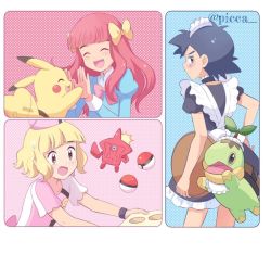 Rule 34 | 1boy, :d, artist name, ash ketchum, ashley (pokemon bw098), black hair, blonde hair, blue dress, blush, bow, closed eyes, closed mouth, creatures (company), crossdressing, dress, game freak, gen 1 pokemon, gen 4 pokemon, hair bow, hands up, hat, holding, holding hands, holding tray, long hair, long sleeves, looking back, male focus, mei (maysroom), neck garter, nintendo, open mouth, own hands together, pikachu, pink hair, poke ball, poke ball (basic), pokemon, pokemon (anime), pokemon (creature), pokemon bw (anime), pokemon dp062, pokemon dppt (anime), pokemon sm068, pokemon sm (anime), rotom, rotom dex, short sleeves, smile, teeth, tongue, trap, tray, turtwig, yellow bow, |d