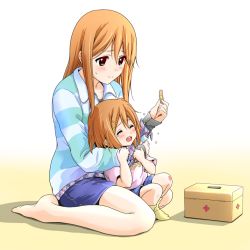 Rule 34 | 2girls, aged down, barefoot, blue shorts, blush, brown eyes, brown hair, bruise, child, closed eyes, closed mouth, commentary request, dresstrip, first aid kit, gradient background, hair ornament, hairclip, hirasawa yui, holding, holding bandaid, injury, jacket, k-on!, long hair, long sleeves, mother and daughter, mrs. hirasawa, multiple girls, open mouth, pink shirt, plaid, plaid shirt, scraped knee, shirt, short hair, short sleeves, shorts, socks, striped clothes, striped jacket, sweatdrop, tears, teeth, upper teeth only, white background, yellow background, yellow socks