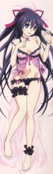 Rule 34 | 1girl, :d, absurdres, ankle cuffs, barefoot, bed sheet, black hair, black panties, bracelet, breasts, cleavage, collarbone, dakimakura (medium), date a live, frilled panties, frills, from below, full body, groin, hair between eyes, hair ribbon, high ponytail, highres, huge filesize, jewelry, large breasts, lingerie, long hair, lying, navel, off shoulder, official art, on back, open mouth, panties, pink ribbon, purple eyes, red ribbon, ribbon, shiny skin, sleeveless, smile, solo, thigh gap, thigh strap, underwear, very long hair, yatogami tooka
