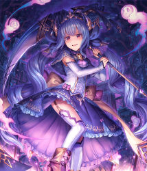 Rule 34 | &gt; &lt;, 1girl, absurdres, ankle boots, ascot, bad id, bad pixiv id, blue hair, boots, brown footwear, capelet, cross, crown, detached sleeves, fangs, garter straps, ghost, hair ornament, high heel boots, high heels, highres, holding, holding scythe, horn ornament, horns, jewelry, latin cross, long sleeves, looking at viewer, necklace, original, pink footwear, purple capelet, purple skirt, red eyes, scythe, shaded face, shichigatsu, skirt, skull necklace, smile, solo, thighhighs, tombstone