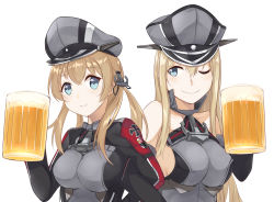 Rule 34 | 10s, 2girls, ;), alcohol, anchor hair ornament, bare shoulders, beer, beer mug, bismarck (kancolle), black ribbon, blonde hair, blue eyes, breasts, cup, hair ornament, hair ribbon, hat, ido (teketeke), kantai collection, large breasts, locked arms, long hair, long sleeves, military, military uniform, mug, multiple girls, one eye closed, peaked cap, prinz eugen (kancolle), ribbon, sideboob, simple background, smile, twintails, uniform, upper body, white background