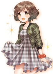 Rule 34 | 10s, 1girl, akiyama yukari, bad id, bad pixiv id, black dress, blush, brown eyes, brown hair, casual, checkered clothes, checkered dress, curly hair, dress, girls und panzer, highres, jacket, looking at viewer, open mouth, plaid, plaid dress, short hair, skirt hold, smile, solo, sparkle, standing, totonii (totogoya), unmoving pattern, wristband