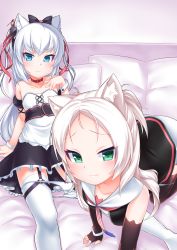 Rule 34 | 2girls, :3, all fours, american flag, american flag print, animal ear fluff, animal ears, apron, azur lane, bed sheet, black bow, black dress, blue eyes, blush, bow, bow panties, breasts, brown gloves, cat ears, cat hair ornament, closed mouth, collarbone, commentary request, detached sleeves, dress, elbow gloves, feet out of frame, fingerless gloves, fingernails, flag print, forehead, frilled dress, frills, gloves, green eyes, hair between eyes, hair bow, hair ornament, hair ribbon, hair strand, hammann (azur lane), hand up, heart, heart-shaped pupils, highres, kirisame mia, long hair, multiple girls, panties, panty pull, parted bangs, pillow, print neckwear, puffy short sleeves, puffy sleeves, red ribbon, remodel (azur lane), ribbon, short sleeves, sims (azur lane), small breasts, strapless, strapless dress, striped clothes, striped panties, symbol-shaped pupils, thighhighs, tsurime, underwear, very long hair, waist apron, white apron, white hair, white legwear, white panties, wrist cuffs