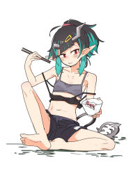 Rule 34 | 1girl, nanashi inc., barefoot, black camisole, black hair, black shorts, blue hair, blush, bowl, camisole, chopsticks, closed mouth, commentary request, crop top, demon girl, demon horns, demon tail, fang, flat chest, full body, grey tank top, hair ornament, hairclip, high ponytail, highres, holding, holding bowl, holding chopsticks, horns, looking at viewer, medium hair, multicolored hair, pointy ears, ponytail, red eyes, rice, shishio chris, shorts, simple background, sitting, solo, strap slip, sugar lyric, tail, tank top, tomatojam, two-tone hair, virtual youtuber, white background