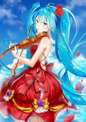 Rule 34 | absurdres, backless dress, backless outfit, blue eyes, blue hair, blue sky, bow, breasts, day, dress, floating hair, flower, from side, hair between eyes, hair flower, hair ornament, hatsune miku, highres, holding, holding instrument, holding violin, illian-san, instrument, long hair, medium breasts, multiple girls, music, outdoors, parted lips, petals, playing instrument, red bow, red dress, red flower, red rose, rose, sideboob, sky, sleeveless, sleeveless dress, standing, strapless, strapless dress, striped, striped bow, twintails, very long hair, violin, vocaloid