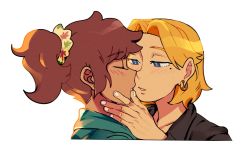 Rule 34 | 2girls, amphibia, anne boonchuy, blonde hair, blush, brown hair, dark-skinned female, dark skin, earrings, highres, imminent kiss, jewelry, looking at another, mengshuo2019, mole, mole under eye, multiple girls, parted lips, sasha waybright, scrunchie, short hair, short ponytail, yuri