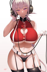 Rule 34 | 1girl, belt, black panties, black thighhighs, braid, braided ponytail, breasts, cable, cleavage, cleavage cutout, closed mouth, clothing cutout, commentary request, crop top, curvy, fate/grand order, fate (series), florence nightingale (fate), garter straps, gloves, headphones, heart cutout, highres, large breasts, long hair, looking at viewer, navel, no pants, panties, pink eyes, pink hair, red shirt, shirt, signature, skindentation, sleeveless, sleeveless shirt, solo, stomach, suspenders, suspenders slip, thighhighs, underboob, underwear, uo denim, white belt, white gloves