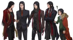 Rule 34 | 5boys, ?, bad id, bad twitter id, bishounen, black hair, blue neckwear, bob cut, cape, crossed arms, fate/grand order, fate/zero, fate (series), formal, glasses, hair between eyes, hand in pocket, highres, long hair, looking at another, lord el-melloi ii, lord el-melloi ii case files, male focus, messy hair, multiple boys, multiple persona, necktie, red neckwear, simple background, suit, sweater, waver velvet, white background