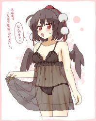 Rule 34 | 1girl, babydoll, bare arms, bare shoulders, black hair, black panties, black wings, blush, bow, bow panties, breasts, collarbone, commentary request, cropped legs, feathered wings, flying sweatdrops, hair between eyes, hat, highres, looking at viewer, medium breasts, navel, open mouth, panties, red eyes, red hat, see-through, shameimaru aya, solo, sweat, tokin hat, totoharu (kujirai minato), touhou, translation request, underwear, underwear only, white background, wings