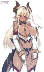 Rule 34 | 1girl, bad id, bad twitter id, blush, breasts, chain, dark-skinned female, dark skin, elbow gloves, female focus, gloves, horns, large breasts, long hair, looking at viewer, mel/a, original, pasties, pointy ears, red eyes, simple background, solo, white background, white hair, wrist cuffs