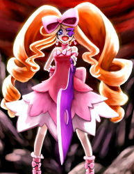 Rule 34 | 10s, 1girl, arm behind back, bad id, bad pixiv id, bare shoulders, big hair, blonde hair, blue eyes, boots, bow, chagara, choker, dress, drill hair, earrings, eyepatch, foreshortening, harime nui, heart, heart earrings, highres, jewelry, kill la kill, long hair, open mouth, pink bow, pink dress, pink footwear, pointing, pointing at viewer, scissor blade (kill la kill), solo, spoilers, strapless, strapless dress, twin drills, twintails, very long hair