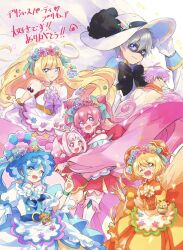 Rule 34 | 2boys, 5girls, :d, ;d, adjusting clothes, adjusting headwear, animal ears, arm up, back bow, big hair, black bow, black pepper (precure), blonde hair, blue bow, blue dress, blue eyes, blue hair, blunt bangs, bob cut, bow, bridal veil, brooch, bun cover, capelet, chinese clothes, closed mouth, commentary, cone hair bun, copyright name, crescent, cure finale, cure finale (party up style), cure precious, cure precious (party up style), cure spicy, cure spicy (party up style), cure yum-yum, cure yum-yum (party up style), delicious party precure, domino mask, double bun, dress, earrings, elbow gloves, flower, fox ears, fox girl, fox tail, fuwa kokone, gentlu (precure), gloves, grey hair, hair bun, hair flower, hair intakes, hair ornament, halter dress, halterneck, hanamichi ran, hat, head wreath, highres, hug, jacket, japanese clothes, jewelry, kasai amane, kome-kome (precure) (human), large bow, long hair, long sleeves, looking at viewer, looking back, mask, medium dress, medium hair, mem-mem (precure), multiple boys, multiple girls, nagomi yui, one eye closed, open mouth, orange bow, pam-pam (precure), pink eyes, pink hair, precure, purple dress, purple eyes, recipipi, red bow, red capelet, red dress, ring, rosemary (precure), shinada takumi, short hair, side ponytail, skirt hold, smile, sorashinakei k, sun hat, tail, tassel, thank you, thighhighs, translated, two side up, veil, watch, white bow, white gloves, white headwear, white jacket, white thighhighs, wide sleeves, wristwatch, yellow dress