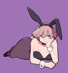 Rule 34 | 1girl, animal ears, bare shoulders, black footwear, black leotard, blue eyes, bow, bowtie, breasts, choko egg, cleavage, fake animal ears, fake tail, full body, gridman universe, hand on own chin, head rest, highres, large breasts, leotard, looking at viewer, lying, mujina, on stomach, pantyhose, pink hair, playboy bunny, purple background, rabbit ears, rabbit tail, short hair, simple background, solo, ssss.dynazenon, strapless, strapless leotard, tail, wrist cuffs