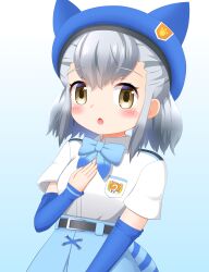 Rule 34 | 1girl, :o, absurdres, animal ears, animal hat, beret, blue background, blue bow, blue hat, blue skirt, blue sleeves, blush, bow, brown eyes, character request, collared shirt, commentary request, detached sleeves, dress shirt, fake animal ears, gradient background, grey hair, hand up, hat, highres, kemono friends, long sleeves, looking at viewer, open mouth, shin01571, shirt, short sleeves, skirt, sleeves past wrists, solo, striped tail, tail, white background, white shirt