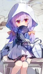 Rule 34 | 1girl, aged down, atsuko (blue archive), black gloves, blue archive, blurry, bow, braid, commentary request, depth of field, desk, gloves, haemori ako, hair between eyes, hair bow, hair ribbon, halo, highres, holding, holding mask, hood, long hair, long sleeves, looking at viewer, low twintails, mask, on desk, purple hair, red eyes, ribbon, ruins, school desk, sidelocks, sitting, on desk, solo, twin braids, twintails