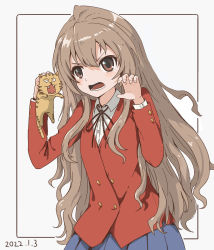 Rule 34 | 1girl, aisaka taiga, blazer, blue skirt, brown eyes, brown hair, buttons, cowboy shot, dated, double-breasted, hang000, highres, holding, jacket, long hair, oohashi high school uniform, palmtop tiger, pleated skirt, red jacket, school uniform, skirt, tiger, toradora!, white background