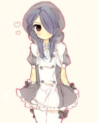 Rule 34 | 1boy, blue hair, blush, crossdressing, dress, hair over one eye, hat, inazuma eleven, inazuma eleven (series), kazemaru ichirouta, long hair, male focus, ponytail, red eyes, simple background, solo, thighhighs, trap, twintails, white thighhighs