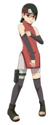 Rule 34 | 1girl, absurdres, bandaged leg, bandages, bare shoulders, black eyes, black footwear, black hair, black thighhighs, boruto: naruto next generations, closed mouth, detached sleeves, eyebrows, eyelashes, female focus, flat chest, forehead protector, full body, glasses, highres, holster, looking at viewer, naruto (series), no pupils, official art, red-framed eyewear, shoes, short hair, shorts, simple background, sleeveless, solo, spread legs, standing, swept bangs, tagme, thigh holster, thighhighs, toeless footwear, toeless legwear, toenails, toes, transparent background, uchiha sarada, white background, zipper pull tab