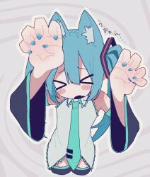 Rule 34 | &gt; &lt;, 1girl, animal ears, aqua hair, aqua necktie, banananosongen, black thighhighs, blush stickers, cat ears, center-flap bangs, claw pose, closed eyes, collared shirt, cowboy shot, detached sleeves, fang, foreshortening, from above, hair between eyes, hatsune miku, necktie, shirt, solo, spiral background, thighhighs, twintails, vocaloid