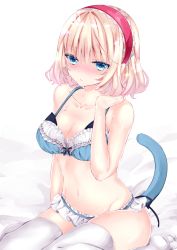 Rule 34 | 1girl, alice margatroid, bad id, bad pixiv id, bare arms, bare shoulders, blonde hair, blue bra, blue eyes, blue panties, blush, bow, bow bra, bra, breasts, cat tail, cleavage, closed mouth, collarbone, frilled bra, frilled panties, frills, groin, hair between eyes, hairband, hand up, highres, medium breasts, nanase nao, navel, no shoes, nose blush, panties, red hairband, sitting, soles, solo, tail, thighhighs, touhou, underwear, underwear only, wariza, white thighhighs
