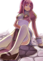 Rule 34 | 1girl, black footwear, breasts, closed mouth, cobblestone, commentary request, cross, dress, expressionless, foot out of frame, high heels, high priest (ragnarok online), juliet sleeves, long sleeves, looking to the side, medium breasts, medium hair, pink hair, pointy ears, puffy sleeves, purple eyes, ragnarok online, red dress, riuhi, sash, solo, thighhighs, two-tone dress, white dress, white sash, white thighhighs