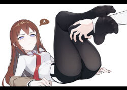 Rule 34 | 1boy, 1girl, absurdres, ass, belt, black pantyhose, black shorts, blue eyes, breasts, brown hair, brown jacket, chinese commentary, closed mouth, collared shirt, commentary request, crossed legs, feet, feet up, foreshortening, full body, highres, jacket, knees up, lan mao akko, leg hold, legs, letterboxed, long hair, long sleeves, looking to the side, lying, makise kurisu, medium breasts, necktie, no shoes, off shoulder, okabe rintarou, on back, out of frame, pantyhose, red necktie, shirt, short shorts, shorts, sidelocks, simple background, soles, spoken x, spread toes, steins;gate, sweatdrop, thighs, toenails, toes, white belt, white shirt