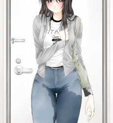 Rule 34 | 1girl, absurdres, belt, belt buckle, black hair, blush, buckle, denim, door, door handle, embarrassed, feet out of frame, female focus, hand on own chest, highres, indoors, jeans, long hair, mitaray, open mouth, original, pants, pee stain, peeing, peeing self, standing, thigh gap, wet, wet clothes, wet pants