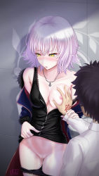 Rule 34 | 1boy, 1girl, ahoge, black dress, black hair, black panties, blue jacket, blush, bottomless, grabbing another&#039;s breast, breasts, coat, command spell, commentary request, cowboy shot, dress, fate/grand order, fate (series), fujimaru ritsuka (male), fur-trimmed coat, fur-trimmed jacket, fur-trimmed sleeves, fur trim, grabbing, groping, guided breast grab, guiding hand, highres, jacket, jeanne d&#039;arc (fate), jeanne d&#039;arc alter (fate), jeanne d&#039;arc alter (ver. shinjuku 1999) (fate), jewelry, large breasts, lifting own clothes, looking away, necklace, nipples, official alternate costume, open clothes, open jacket, panties, panty pull, pussy, pussy juice, short dress, short hair, silver hair, solo focus, sunday se7en, underwear, watermark, wicked dragon witch ver. shinjuku 1999, yellow eyes