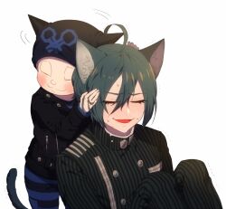 Rule 34 | 2boys, ahoge, animal ear fluff, animal ear headwear, animal ears, aqua hair, badge, beanie, belt, black belt, black footwear, black headwear, black jacket, black jumpsuit, black pants, black sleeves, blue jumpsuit, blush, blush stickers, cat ears, cat tail, closed eyes, closed mouth, collared jacket, collared shirt, commentary request, danganronpa (series), danganronpa v3: killing harmony, embarrassed, fake animal ears, feet out of frame, fingernails, full-face blush, furrowed brow, hair between eyes, hand on another&#039;s head, hands in hair, hat, heads together, height difference, hoshi ryoma, jacket, jumpsuit, kemonomimi mode, knees up, kogarashi 8, layered sleeves, long eyelashes, long sleeves, male focus, motion lines, multiple boys, nervous smile, open mouth, pants, partial commentary, petting, pinstripe pants, pinstripe pattern, pinstripe shirt, pocket, prison clothes, saihara shuichi, shirt, simple background, smile, striped clothes, striped jumpsuit, striped pants, striped shirt, studded belt, sweat, tail, trembling, two-tone jumpsuit, vertical-striped clothes, vertical-striped pants, vertical-striped shirt, vertical-striped sleeves, white background, white undershirt, yaoi, zipper, zipper pull tab