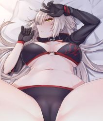 Rule 34 | 1girl, belt collar, bikini, black bikini, black gloves, blush, breasts, cameltoe, collar, dura, fate/grand order, fate (series), gloves, highres, jeanne d&#039;arc alter (swimsuit berserker) (fate), jeanne d&#039;arc (fate), jeanne d&#039;arc alter (fate), jeanne d&#039;arc alter (swimsuit berserker) (fate), large breasts, long hair, long sleeves, looking at viewer, lying, navel, on back, on bed, sidelocks, silver hair, solo, stomach, swimsuit, very long hair, yellow eyes