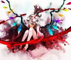 Rule 34 | 1girl, ascot, bare legs, barefoot, blonde hair, blood, blood on feet, blood on hands, chiruru96, dress, flandre scarlet, hat, hat ribbon, highres, looking at viewer, mob cap, puffy short sleeves, puffy sleeves, red dress, red eyes, ribbon, shirt, short sleeves, sitting, smile, solo, touhou, wings