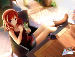 Rule 34 | 10s, 1girl, absurdres, boots, clouble, cross-laced footwear, drinking straw, heart straw, highres, lace-up boots, looking at viewer, love live!, love live! school idol project, nishikino maki, purple eyes, red hair, short hair, solo
