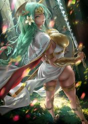 Rule 34 | 1girl, armor, ass, braid, braided ponytail, breastplate, breasts, cape, fire emblem, fire emblem: three houses, flower, forearm jewelry, from behind, green eyes, green hair, hair flower, hair ornament, kaopon, large breasts, long hair, nintendo, panties, seiros (fire emblem), shield, solo, sword, thigh bracelet, tiara, underwear, weapon, white panties