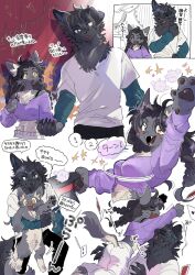 Rule 34 | 1boy, 1girl, animal, animal ear fluff, animal ears, animal hands, animalization, arm up, black fur, black hair, blue eyes, blue shirt, body fur, cat, cat ears, cat girl, cat tail, claws, commentary request, creature, crop top, cropped legs, curtains, dog boy, dog ears, dog tail, fangs, furry, furry female, furry male, glomp, grey fur, hat, highres, holding, holding animal, holding cat, holding clothes, holding hands, holding hat, hug, long hair, long sleeves, looking at another, looking at viewer, magic, off shoulder, open mouth, original, pants, rata (norahasu), shirt, stomach, tail, top hat, translation request, unworn hat, unworn headwear, upper body, white background, white pants, white shirt, yellow eyes