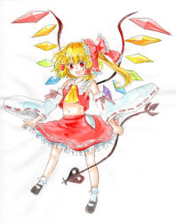 Rule 34 | 1girl, acrylic paint (medium), blonde hair, bow, cosplay, detached sleeves, embodiment of scarlet devil, female focus, flandre scarlet, graphite (medium), hair bow, hakurei reimu, hakurei reimu (cosplay), japanese clothes, laevatein, miko, mucco, painting (medium), ponytail, red eyes, short hair, side ponytail, solo, touhou, traditional media, watercolor (medium), wings