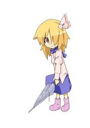 Rule 34 | 1girl, alternate costume, blonde hair, boots, casual, chibi, closed umbrella, embodiment of scarlet devil, female focus, full body, hair over one eye, inu wi, rubber boots, rumia, simple background, solo, touhou, umbrella, white background