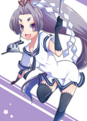 Rule 34 | 10s, 1girl, bad id, bad pixiv id, folded fan, dress, eyebrows, hand fan, folding fan, gloves, hair ribbon, hatsuharu (kancolle), kantai collection, long hair, looking at viewer, open mouth, personification, ponytail, purple eyes, purple hair, ribbon, sailor dress, short eyebrows, smile, solo, thick eyebrows, thighhighs, utani (punishment), very long hair
