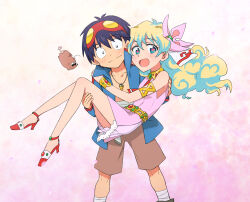 Rule 34 | 1boy, 1girl, armlet, blonde hair, blue eyes, blue hair, blue jacket, boota (ttgl), bracelet, brown shorts, carrying, dress, drill, flower, goggles, goggles on head, hair between eyes, hair flower, hair ornament, high heels, jacket, jewelry, long hair, looking at viewer, multicolored hair, necklace, nia teppelin, open clothes, open jacket, open mouth, petals, pink dress, princess carry, short hair, shorts, simon (ttgl), sleeveless, sleeveless dress, supinosu, tengen toppa gurren lagann, topless male, two-tone hair, very long hair