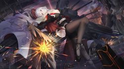 Rule 34 | 1girl, azur lane, black footwear, black gloves, black pantyhose, bra, breasts, cannon, cape, charging (attack), cleavage, cloud, collarbone, cross, dusk, firing, flag, flagpole, floating hair, fur-trimmed cape, fur trim, german text, gloves, graf zeppelin (azur lane), hair between eyes, half-closed eyes, hat, head tilt, high heels, highres, iron cross, koroneko p0w0q, large breasts, leg up, light particles, long hair, looking at viewer, machinery, military, military uniform, pantyhose, parted lips, peaked cap, powering up, red eyes, reflection, rigging, ripples, sash, sidelocks, silver hair, skirt, sky, smile, solo, standing, standing in water, star (sky), starry sky, turret, underwear, uniform, wading