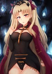 Rule 34 | 1girl, between breasts, black leotard, blonde hair, blush, breasts, cape, chiyo (pk19981234), covered navel, detached collar, earrings, ereshkigal (fate), fate/grand order, fate (series), highres, infinity symbol, jewelry, leotard, long hair, looking at viewer, medium breasts, open mouth, parted bangs, red cape, red eyes, skull, solo, spine, tiara, two side up