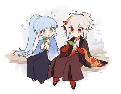Rule 34 | 1boy, 1girl, aged down, ayaka (genshin impact), blue hair, blunt bangs, bubble tea, character name, commentary request, cup, disposable cup, flying sweatdrops, genshin impact, grey eyes, grey hair, hakama, highres, holding, holding leaf, japanese clothes, kaedehara kazuha, leaf, leaf print, long hair, mole, mole under eye, multicolored hair, open mouth, ponytail, red eyes, red hair, shigetake (buroira), sidelocks, simple background, sitting, smile, sparkle, streaked hair, very long hair, wide sleeves