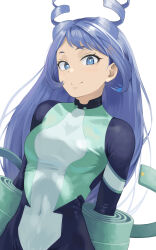 Rule 34 | 1girl, absurdres, blue bodysuit, blue eyes, blue hair, bodysuit, boku no hero academia, breasts, covered navel, drill hair, fengling (furin-jp), gloves, green bodysuit, hadou nejire, highres, long hair, looking at viewer, medium breasts, simple background, smile, solo, superhero costume, twin drills, very long hair, white background